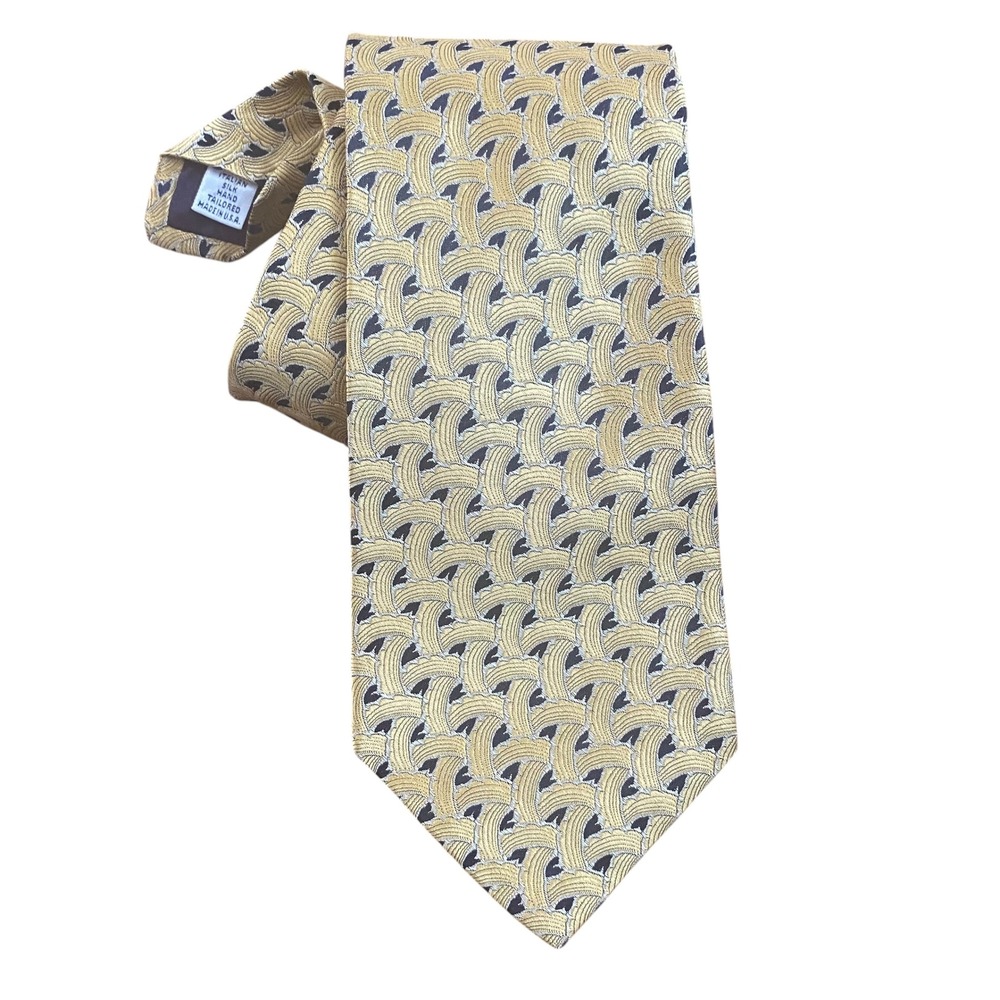 Paul Fredrick Mens Silk Tie Gold Navy Blue Geometric Fan Wave 3D Made in USA